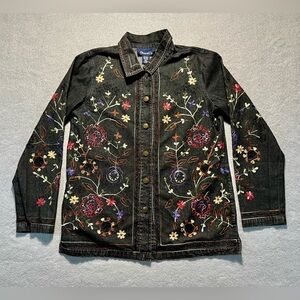 Denim & Co. Black Jean Jacket Women’s Small Floral Embroidered Casual
